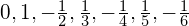 0, 1, -\frac{1}{2}, \frac{1}{3}, -\frac{1}{4}, \frac{1}{5}, -\frac{1}{6}